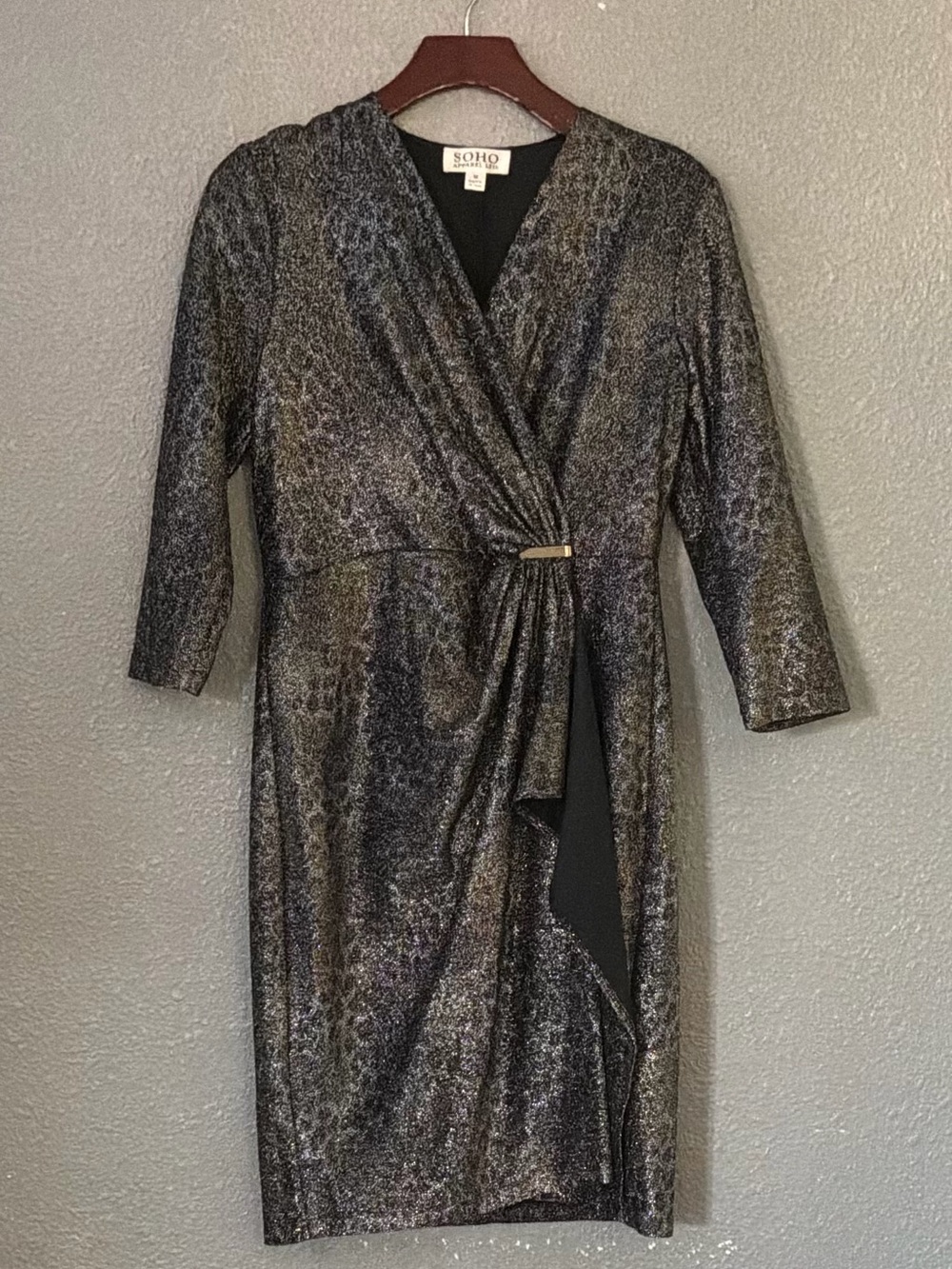 Soho Shimmery Black Faux-Wrap Midi Dress